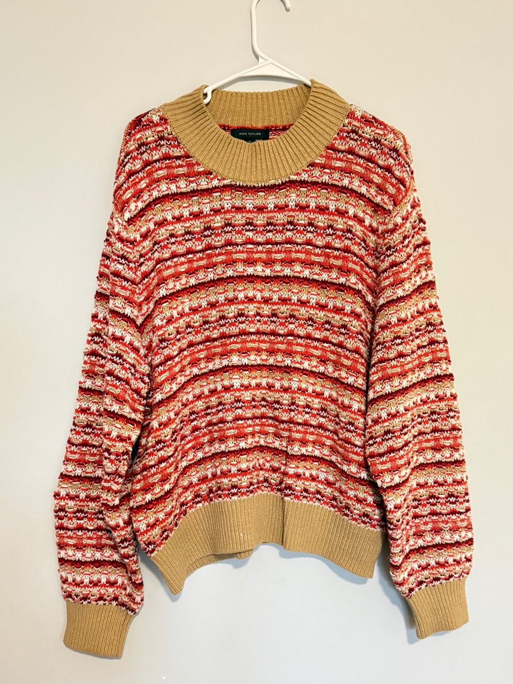 Ann Taylor Red and Cream Striped Crewneck Sweater with Tan Trim